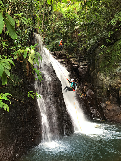 The first waterfall produced as a result of deposit in the mouth of the river by Lago Guineo (Lake El Guineo), the highest lake in Puerto Rico between Ciales and Orocovis. Photo by Carlos Pérez Hoeussler of Canyoing Puerto Rico.